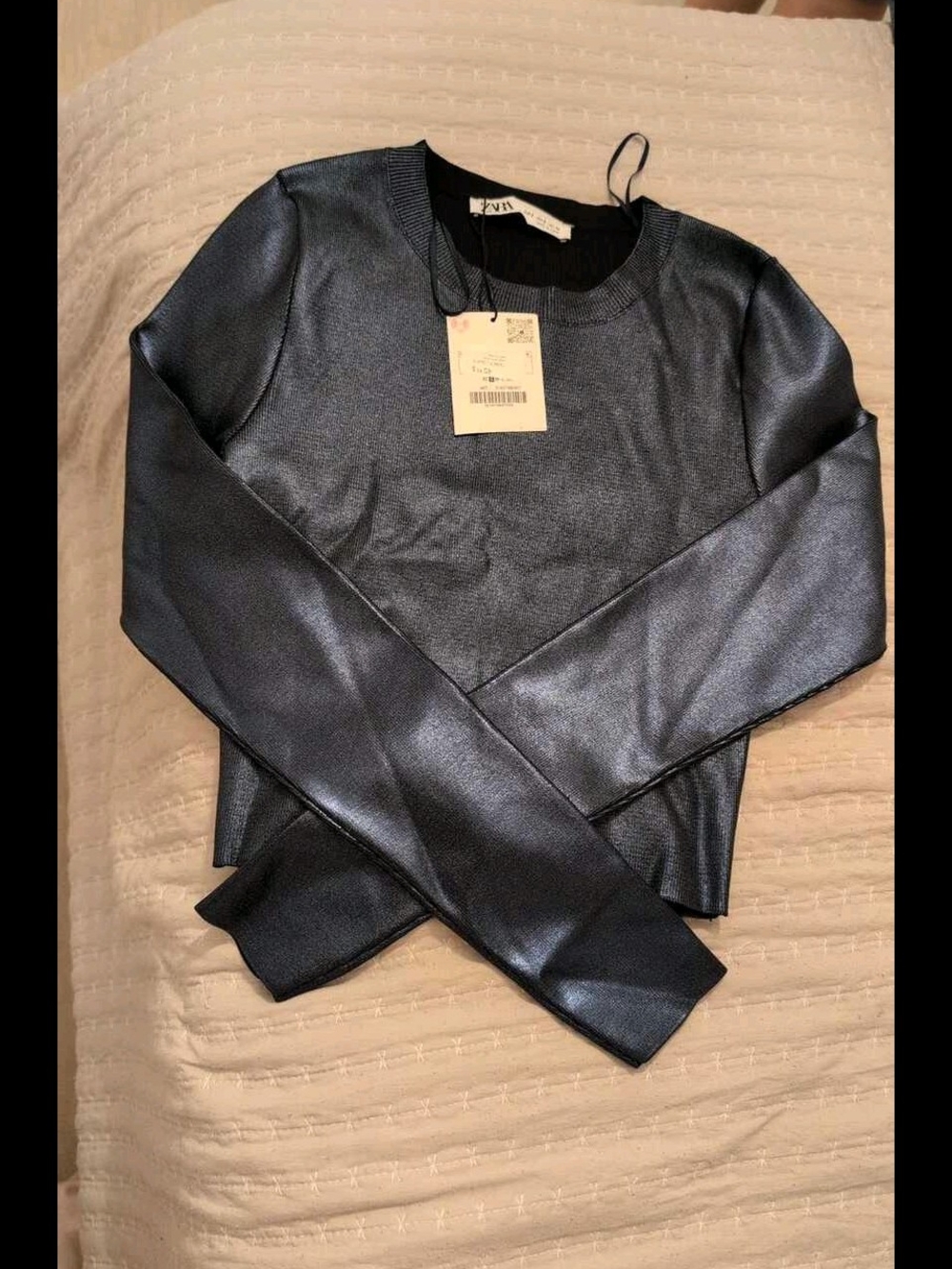 Zara Metallic Navy-Black Long Sleeve Crewneck Top